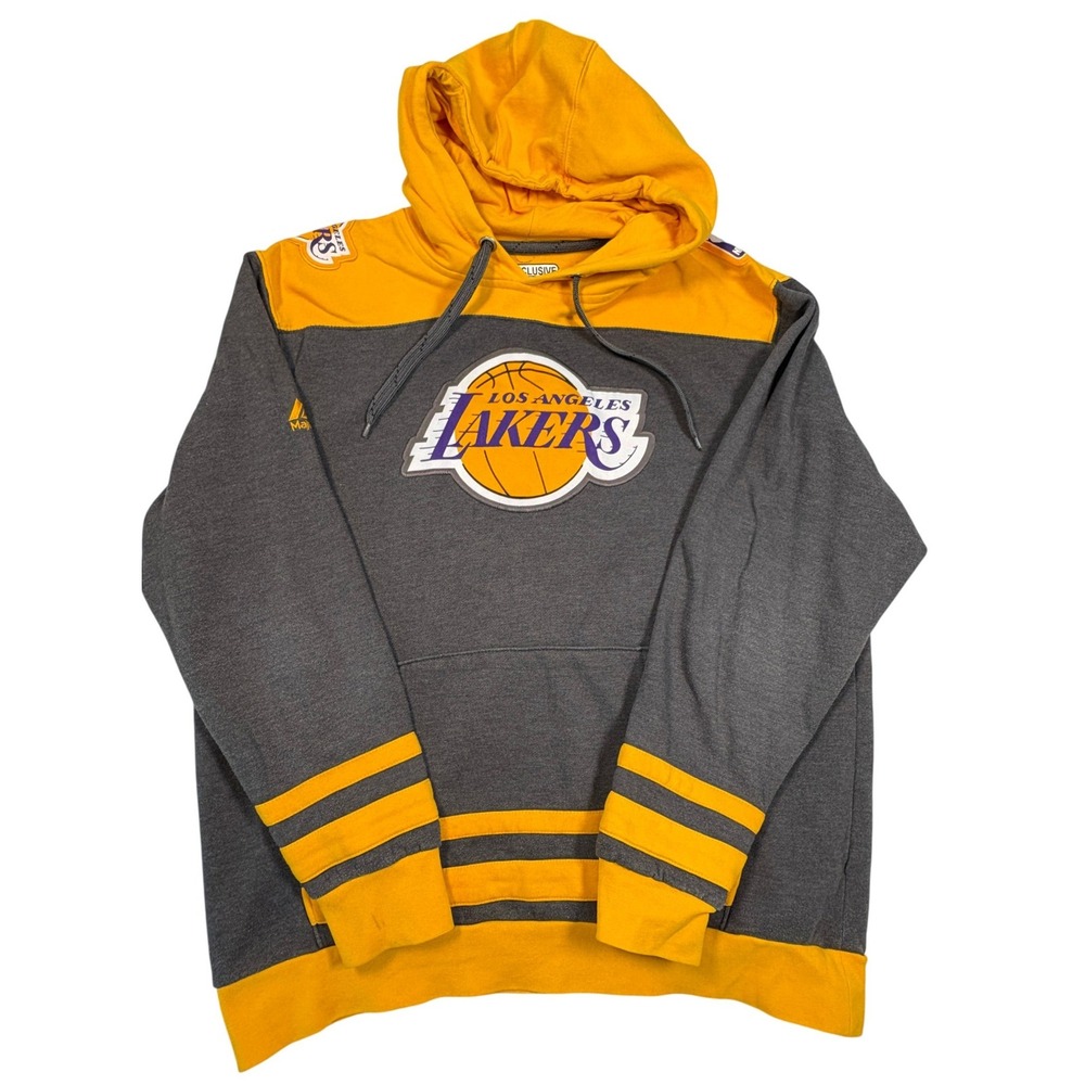 Majestic NBA Los Angeles Lakers Hoodie Grey Gold Colorblock Sweatshirt Large